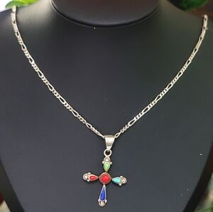 Multistone Turquoise Coral Lapis Sterling Silver Pendant Necklace